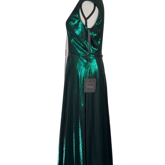 Mac Duggal Formal Green Cap Sleeve Deep V High Slit Metallic Gown Size 6$398 NWT - Picture 6 of 8